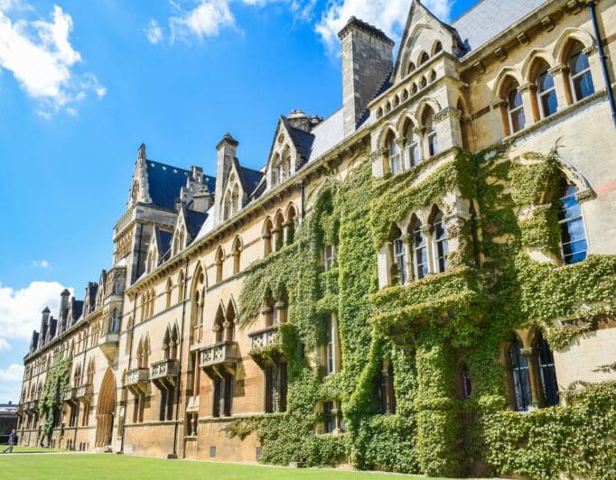 Exterior of university with gothic style architecture.