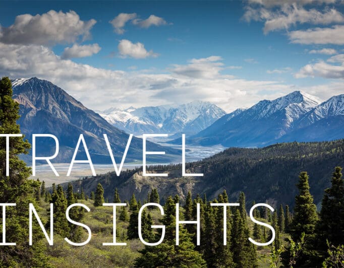 A pine forest bordering a mountainous valley with the caption "Travel Insights".