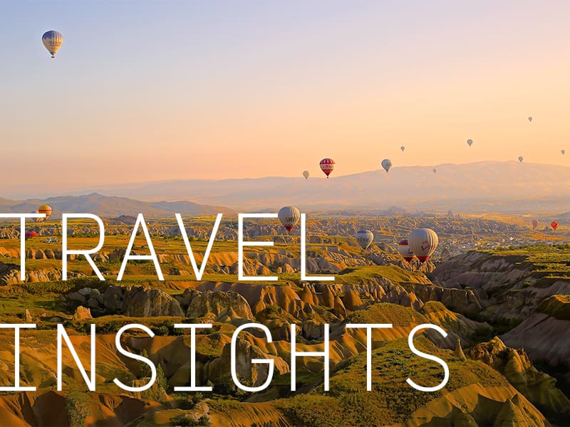Hot air balloons flying over rolling hills with the caption "Travel Insights".